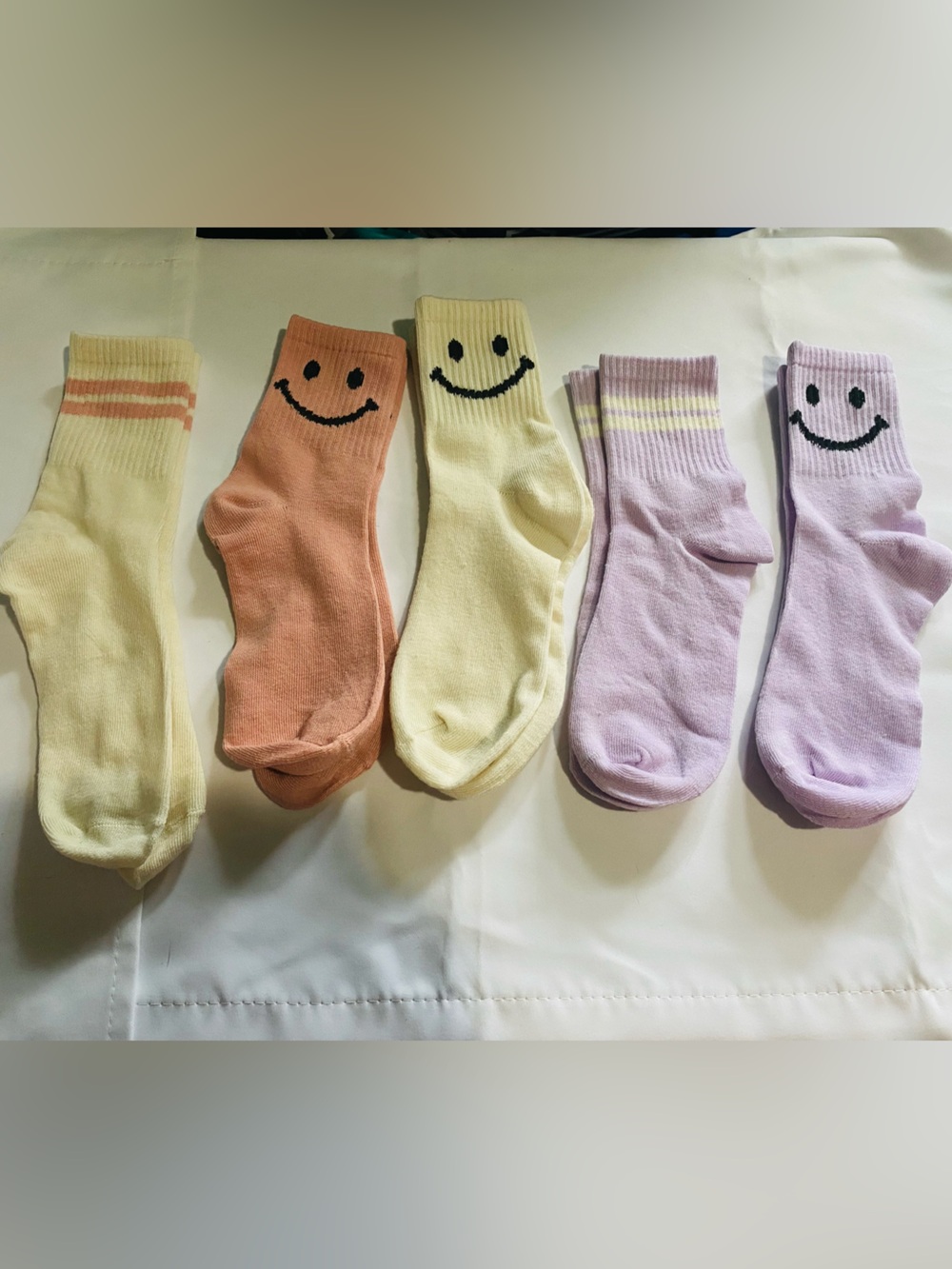 Smiley Face Socks Set in Cream, Tan, and Purple NEW/NEVER WORN
